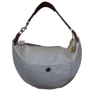 Coach: White Sateen Hobo Bag with Yellow Accents